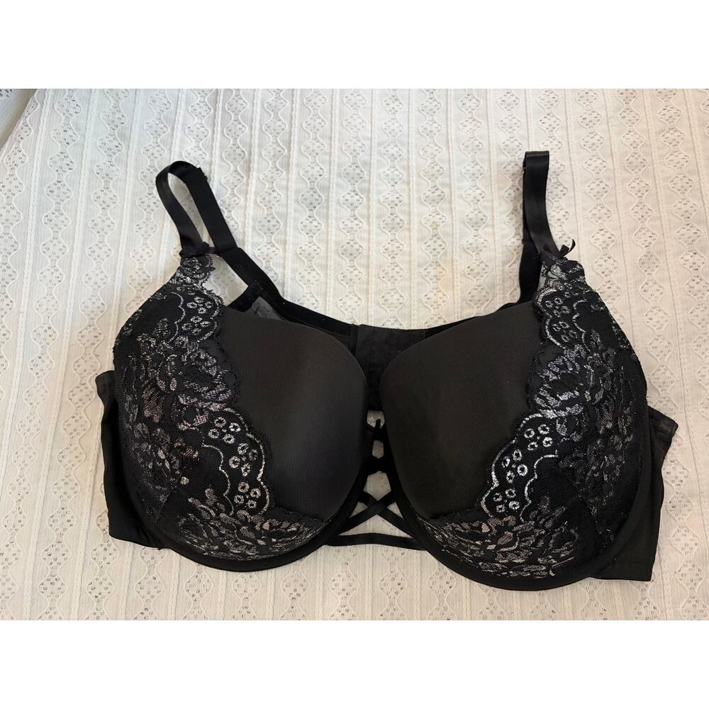 Cacique 44DDD Black Lace Underwire Padded Bra Criss Cross Front Plus Size